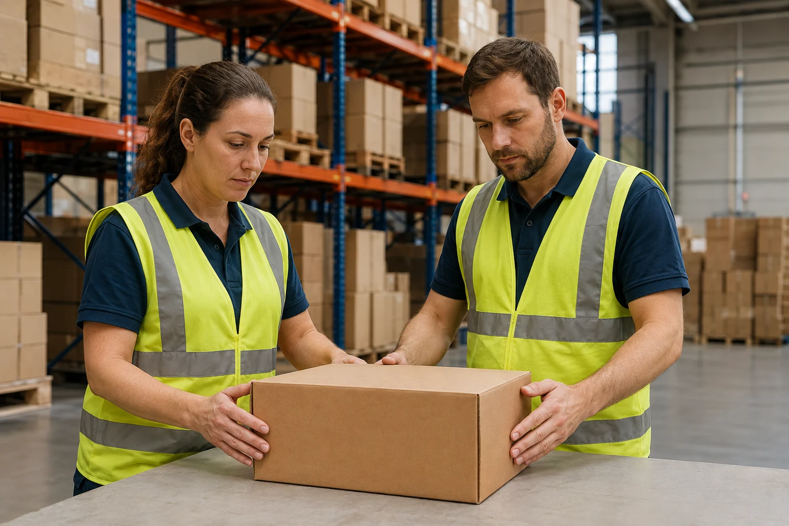 Warehouse workers examining a plain carton at a work table